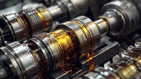 Close-up of gears and pistons in a modern industrial machine with oil sheen and high detailの素材