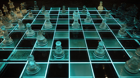 Digital chessboard interface on a glowing screen, viewed from top-down angleの素材