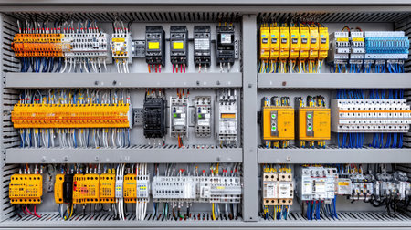 Data cables and signal wiring organized neatly in industrial panels with circuit labelingの素材