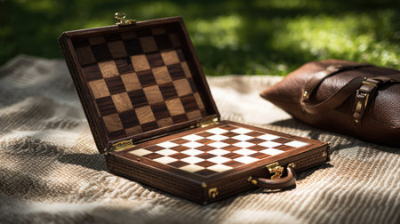 Elegant travel-size chessboard set open on a picnic blanket in the parkの素材