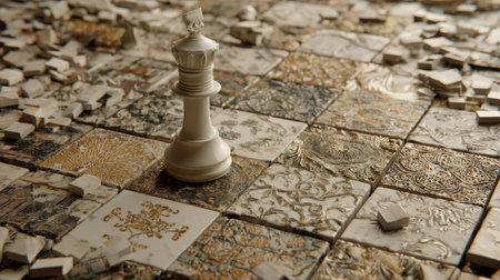 Close-up of a single white king standing on the board surrounded by fallen piecesの素材