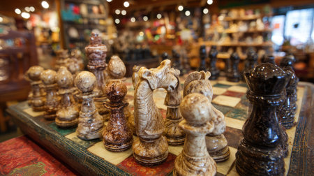 Chess set displayed in a retail store with lights highlighting glossy game piecesの素材