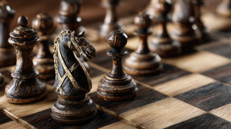 Close-up of chessboard during a tense match with pawns and knights in key positionsの素材
