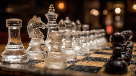 Chess game frozen mid-action with pieces precisely aligned in competitive positionsの素材