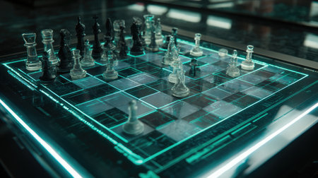 Digital chessboard interface on a glowing screen, viewed from top-down angleの素材