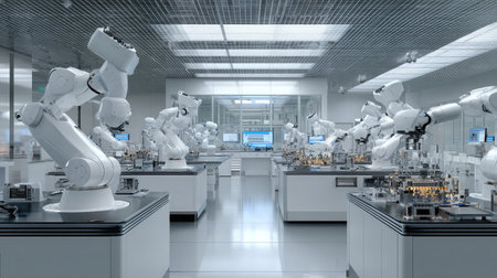 Cleanroom environment with robotic arms assembling precision electronic componentsの素材