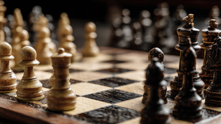 Close-up of chessboard during a tense match with pawns and knights in key positionsの素材
