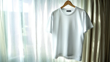 Empty white T-shirt mockup on hanger framed by soft curtains and morning lightの素材