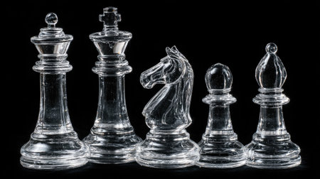 Elegant glass chess set on black background with spotlight highlighting transparent piecesの素材