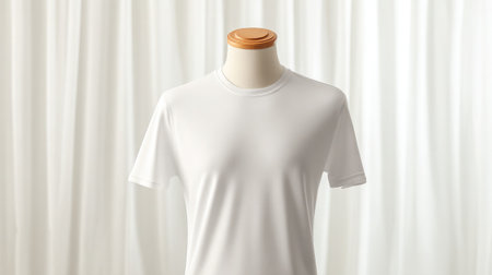 Blank white T-shirt displayed on a mannequin torso against a white studio backdropの素材