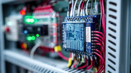 Close-up of a microcontroller mounted on industrial machinery with connected wires and circuitsの素材
