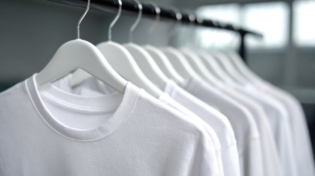 Crisp white T-shirt hanging in a row among other plain shirts on a clothing rackの素材