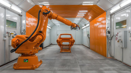 Fully automated robotic painting arm coating surfaces in high-tech spray boothの素材