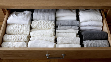 Tightly folded white T-shirt stacked inside drawer with other neatly organized clothingの素材