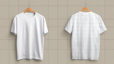 Isolated white T-shirt with mockup grid overlay on solid neutral backgroundの素材