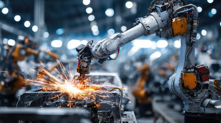 Large industrial robot arm welding parts with sparks flying in a controlled environmentの素材