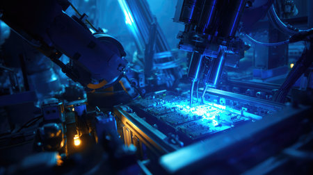 Industrial robot arm installing circuit boards with LED lighting and precise positioningの素材