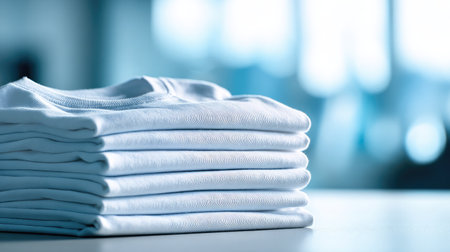 Stack of soft cotton white T-shirts in natural lighting with shallow depth of fieldの素材