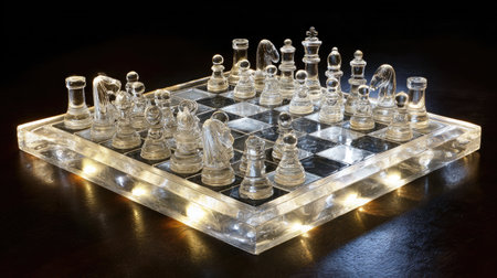 Glass chessboard set on a reflective surface with glowing ambient lightingの素材
