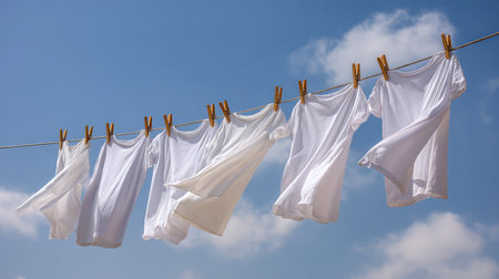 Multiple white T-shirts clipped onto a clothesline with a breeze lifting the fabricの素材