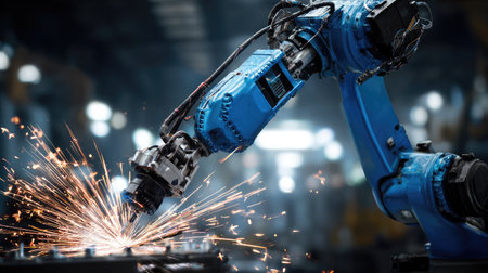 Large industrial robot arm welding parts with sparks flying in a controlled environmentの素材