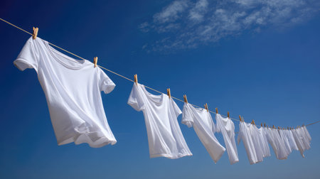 Multiple white T-shirts clipped onto a clothesline with a breeze lifting the fabricの素材