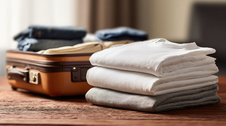 Rolled-up white T-shirt beside suitcase and travel essentials in a packing sceneの素材