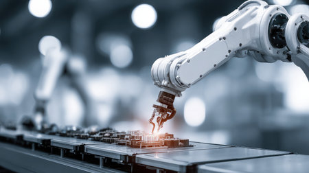 Machine vision camera mounted above production line performing quality control inspectionの素材