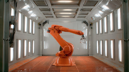 Fully automated robotic painting arm coating surfaces in high-tech spray boothの素材