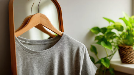 T-shirt on wooden hanger next to a mirror and indoor plant in a bright bedroomの素材
