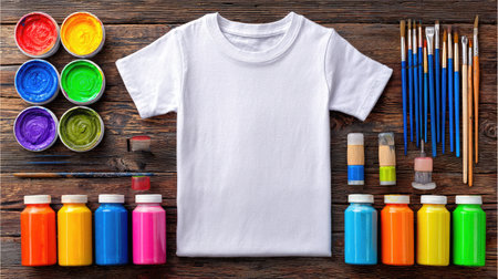 Overhead shot of white T-shirt surrounded by art supplies like paints and brushesの素材