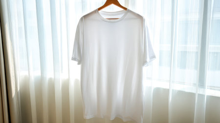 Oversized white T-shirt on hanger with minimalist decor and high-key lightingの素材
