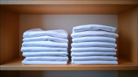 Pile of freshly folded white T-shirts stacked on a clean shelf with minimal decorの素材