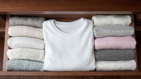Tightly folded white T-shirt stacked inside drawer with other neatly organized clothingの素材