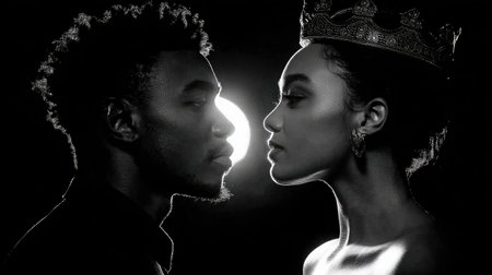 High-contrast studio shot of a black king and white queen facing each otherの素材