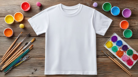 Overhead shot of white T-shirt surrounded by art supplies like paints and brushesの素材