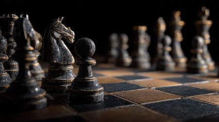 High-angle view of empty chessboard with moody lighting and shallow depth of fieldの素材