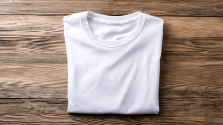 Plain white T-shirt neatly folded on a wooden table with natural lighting and soft shadowsの素材