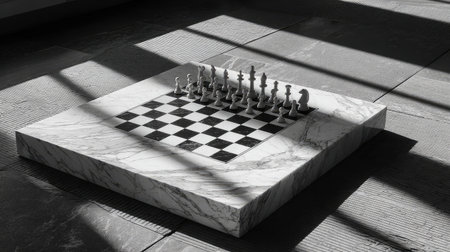 Minimalist black-and-white chessboard on a modern marble table with natural lightの素材