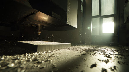 Precision CNC machine carving metal parts under bright workshop lighting and steel shavings scatteredの素材