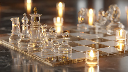 Glass chessboard set on a reflective surface with glowing ambient lightingの素材