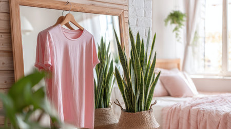 T-shirt on wooden hanger next to a mirror and indoor plant in a bright bedroomの素材