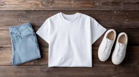 Minimalist flat lay with a white T-shirt, jeans, and sneakers arranged on the floorの素材