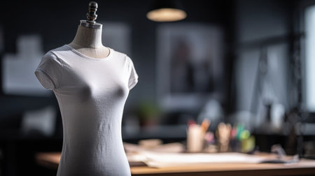 White T-shirt placed on mannequin bust with soft light in a fashion design workspaceの素材