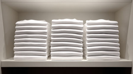 Pile of freshly folded white T-shirts stacked on a clean shelf with minimal decorの素材