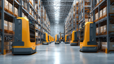 Smart warehouse interior with vertical storage robots and automated forklifts in operationの素材