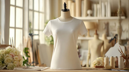 White T-shirt placed on mannequin bust with soft light in a fashion design workspaceの素材