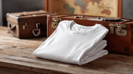 Rolled-up white T-shirt beside suitcase and travel essentials in a packing sceneの素材