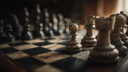 High-angle view of empty chessboard with moody lighting and shallow depth of fieldの素材