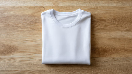 Plain white T-shirt neatly folded on a wooden table with natural lighting and soft shadowsの素材